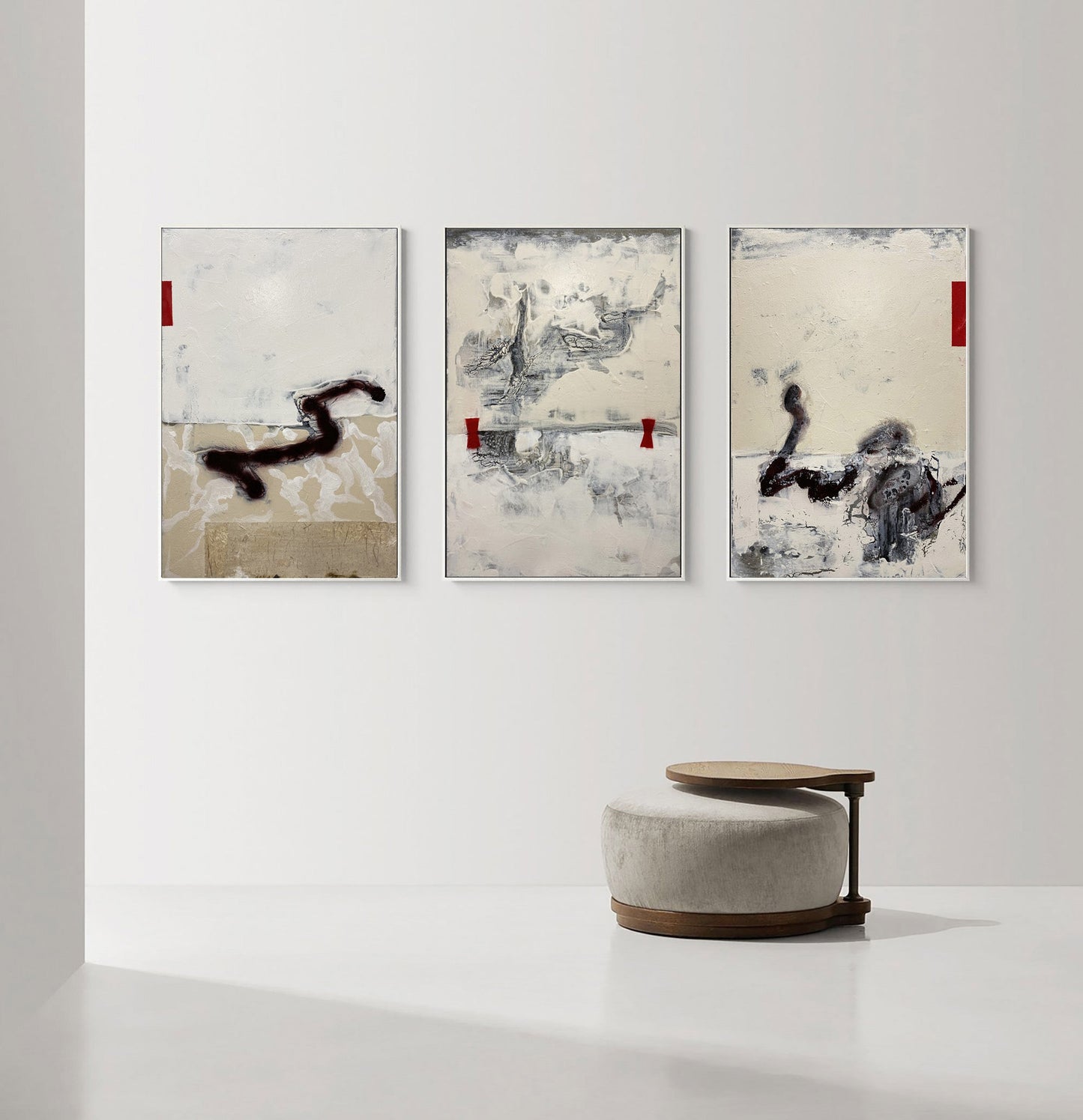 Contemporary Beige Abstract Oil Painting with Textured Layers and Bold Accents