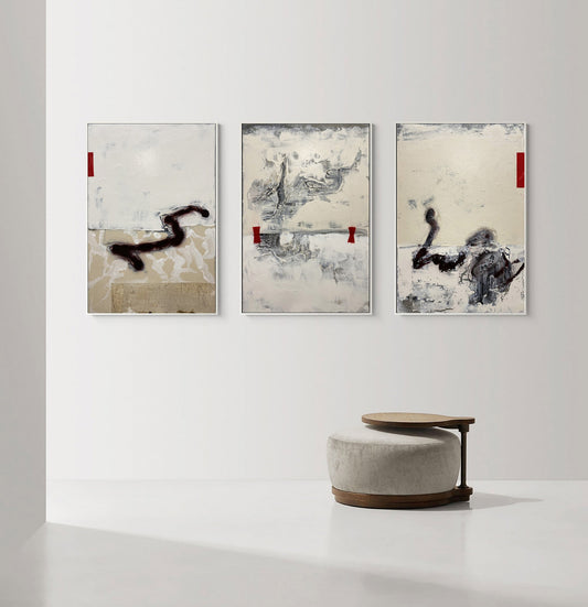 Contemporary Beige Abstract Oil Painting with Textured Layers and Bold Accents