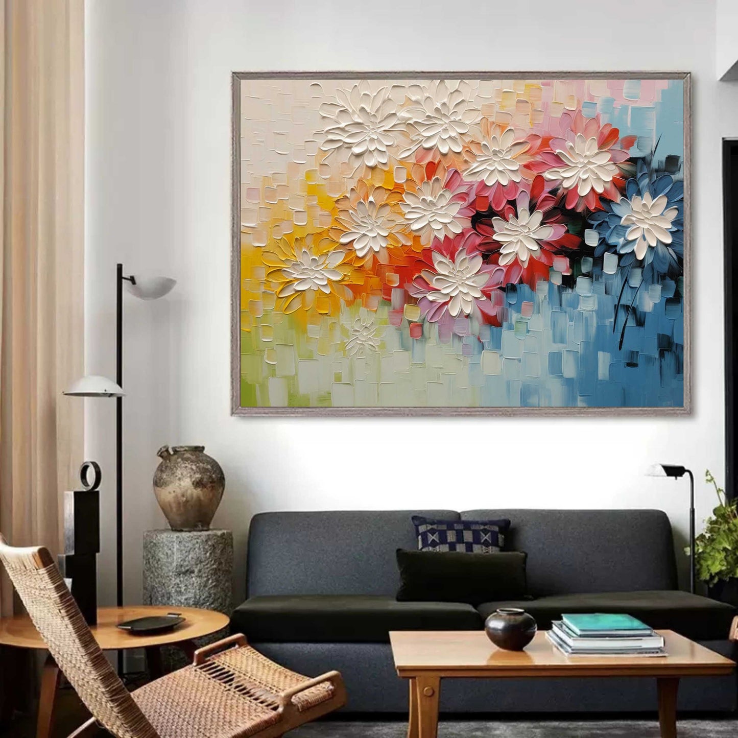 Vibrant Floral Oil Painting with Textured Blossoms for Colorful Home Decor
