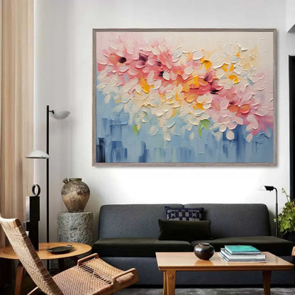 Vibrant Floral Abstract Oil Painting in Bright Pastels for Modern Home Decor