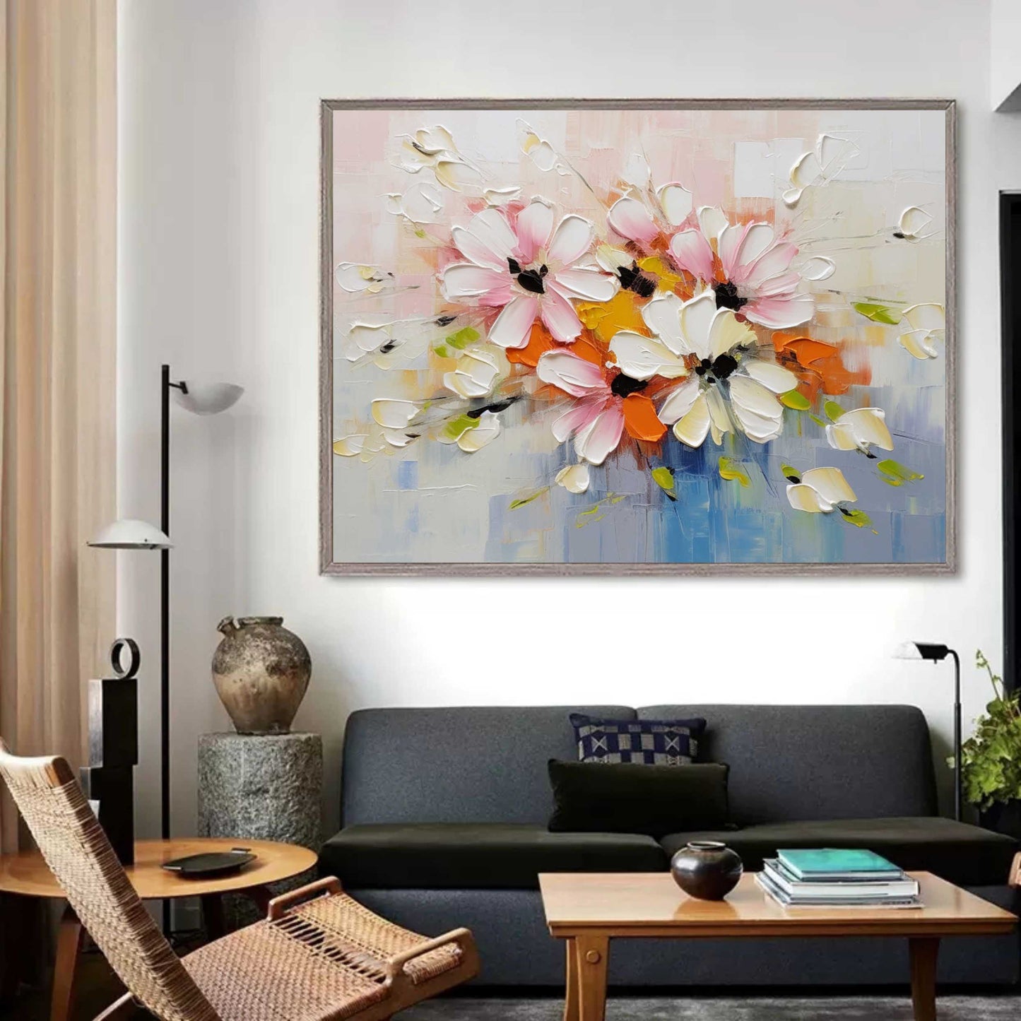 Vibrant Floral Oil Painting with Pink and White Flowers Perfect for Home Decor
