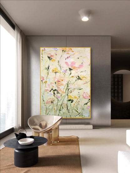 Vibrant Floral Oil Painting with Soft Pastels and Textured Brushstrokes