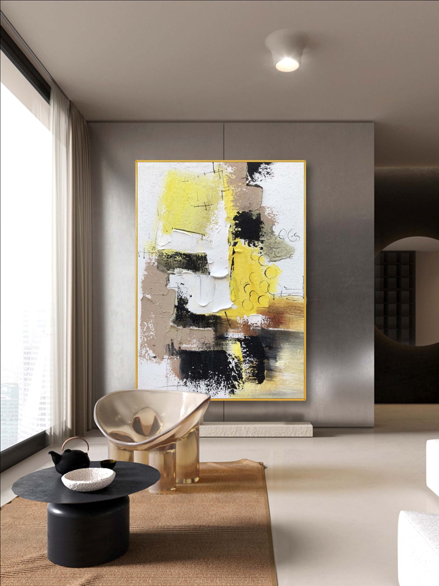 Vibrant Abstract Oil Painting with Yellow, Black and Earthy Tones for Modern Decor