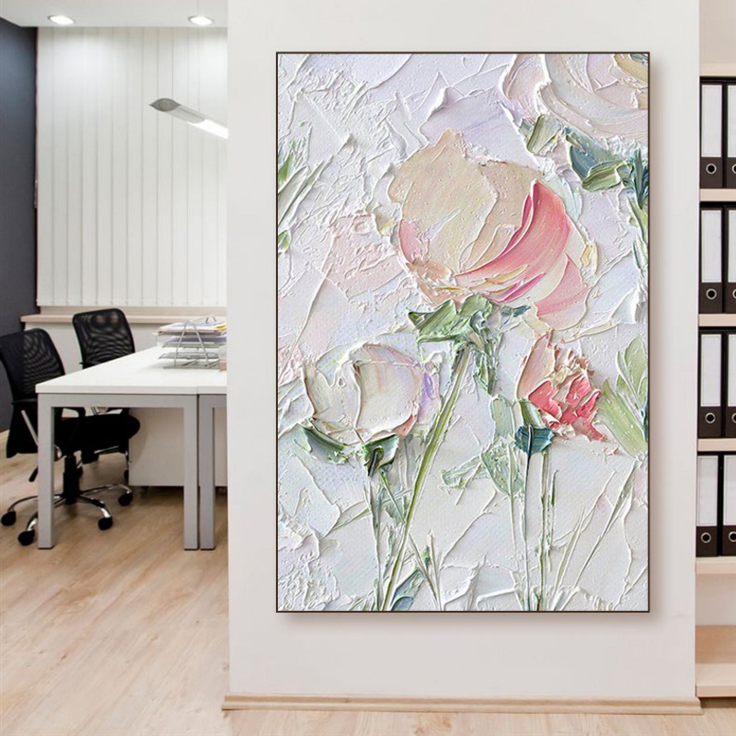 Textured Floral Oil Painting with Soft Pastels and Elegant Plaster Finish