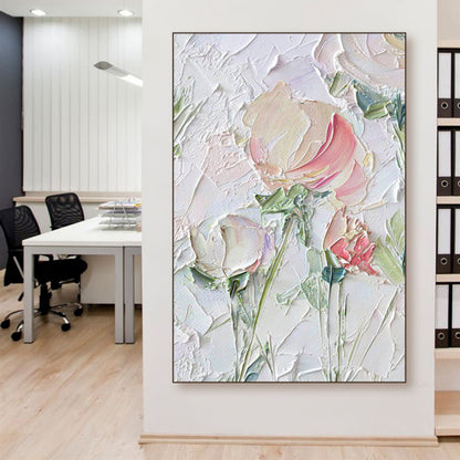 Textured Floral Oil Painting with Soft Pastels and Elegant Plaster Finish