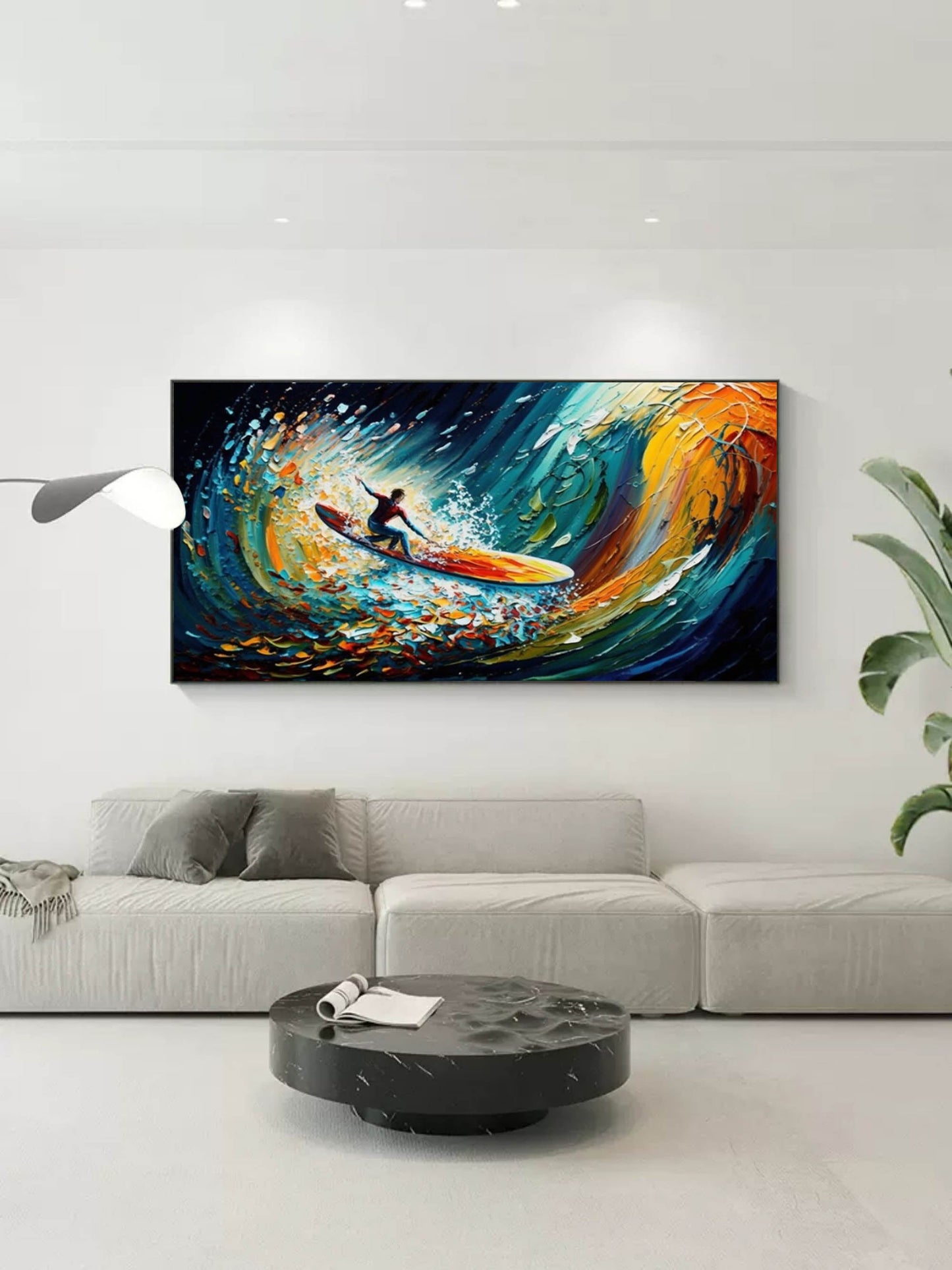 Dynamic Surfing Scene in Vibrant Ocean Colors - Cheerful Oil Painting