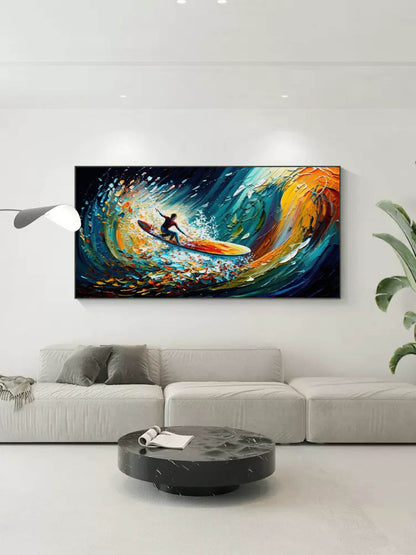 Dynamic Surfing Scene in Vibrant Ocean Colors - Cheerful Oil Painting
