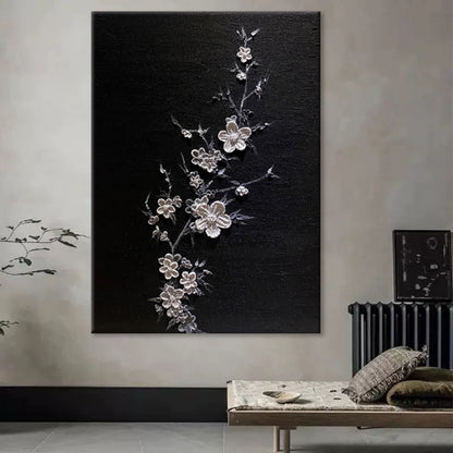 Elegant Floral Textured Oil Painting on Black Canvas