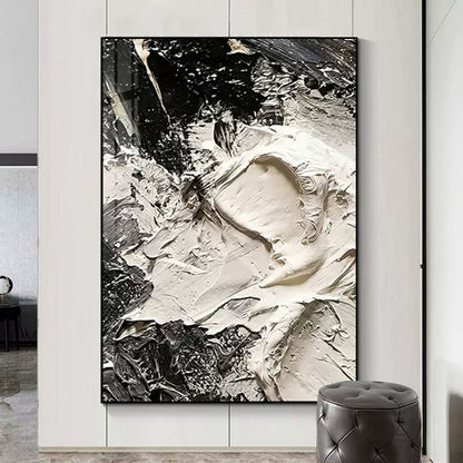 Abstract Black and White Oil Painting with Textured Plaster Finish