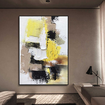 Vibrant Abstract Oil Painting with Yellow, Black and Earthy Tones for Modern Decor