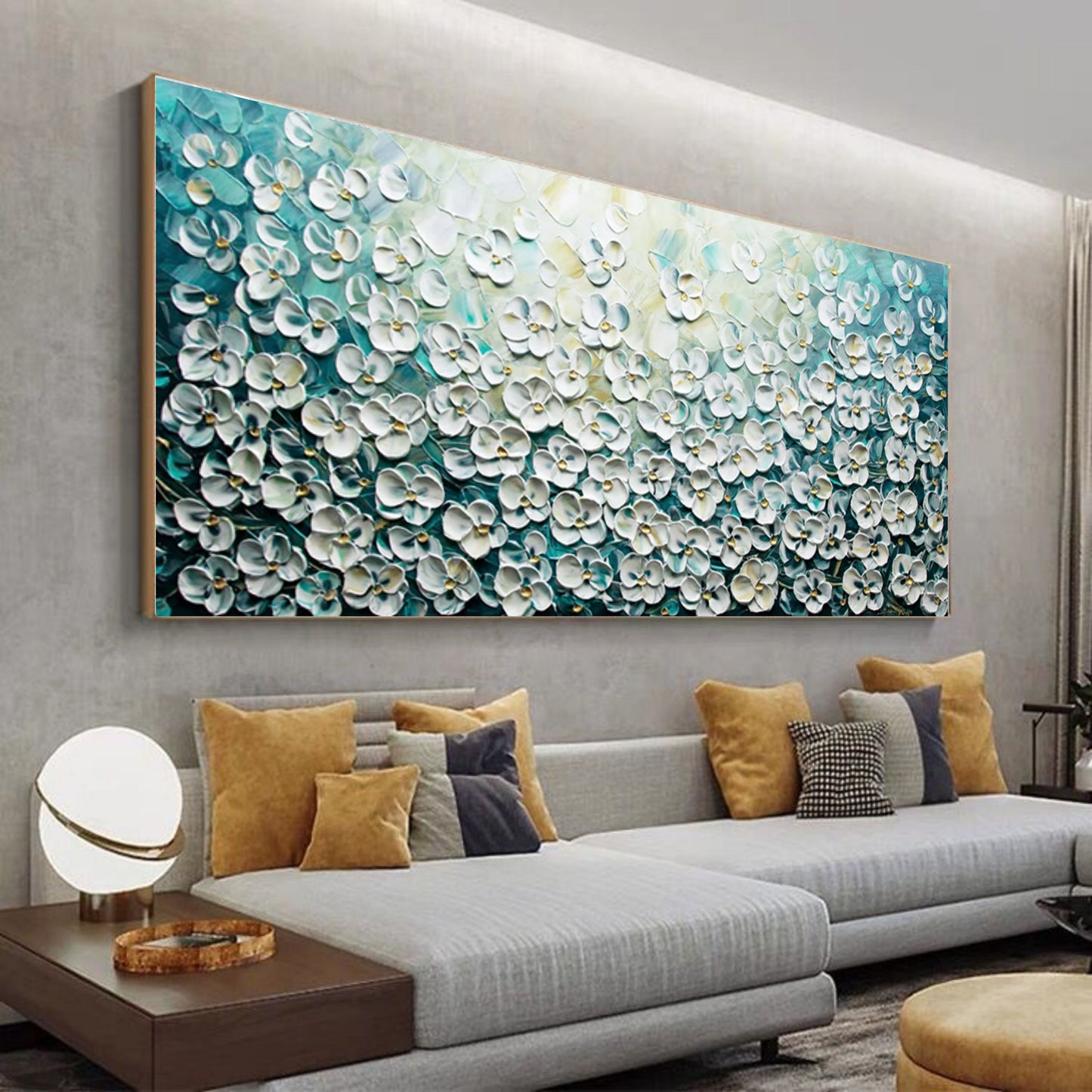 Elegant Floral Oil Painting with Textured Blossom Design on Blue Background