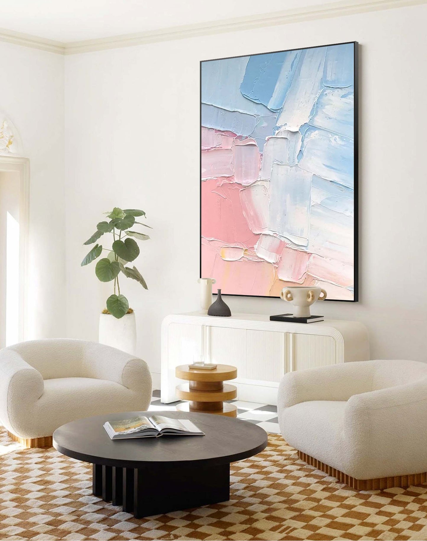 Serene Abstract Oil Painting in Soft Blue and Pink Hues for Modern Decor