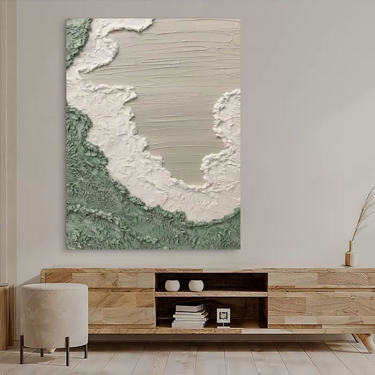 Serene Green and White Abstract Oil Painting for Modern Home Decor