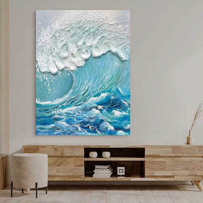 Dynamic Ocean Wave Oil Painting with Textured Plaster Finish