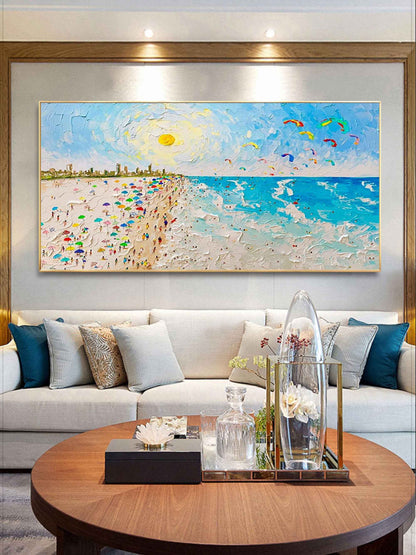Vibrant Beach Scene with Colorful Umbrellas and Kites - Serene Summer Escape