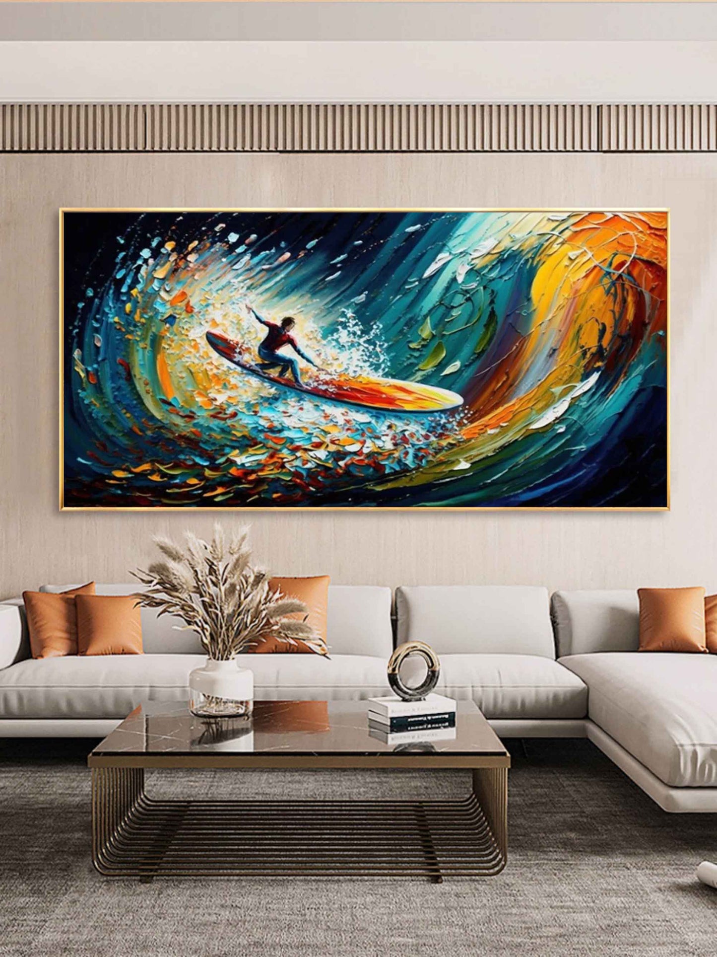 Dynamic Surfing Scene in Vibrant Ocean Colors - Cheerful Oil Painting