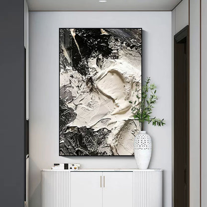 Abstract Black and White Oil Painting with Textured Plaster Finish