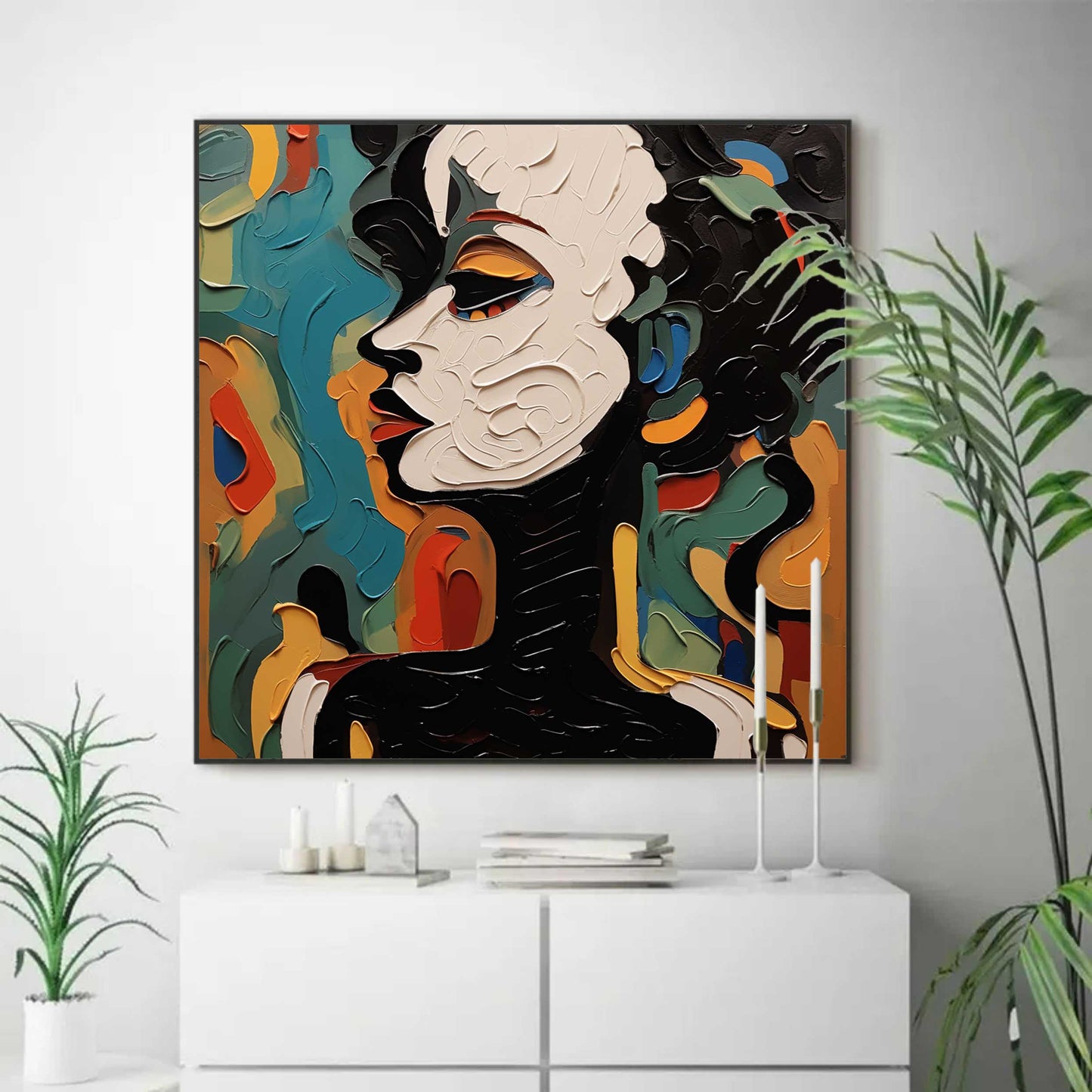 Vibrant Abstract Portrait Oil Painting with Bold Colors and Unique Texture