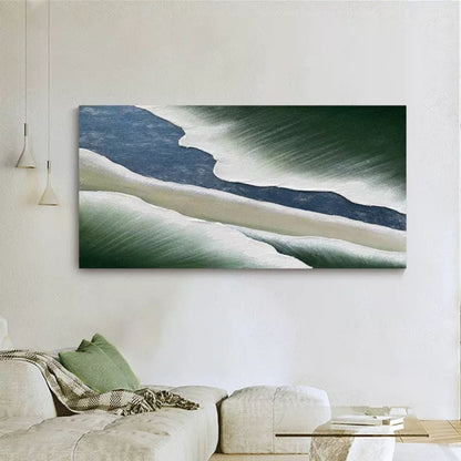 Abstract Wave Textured Oil Painting in Green and Blue Tones for Modern Decor