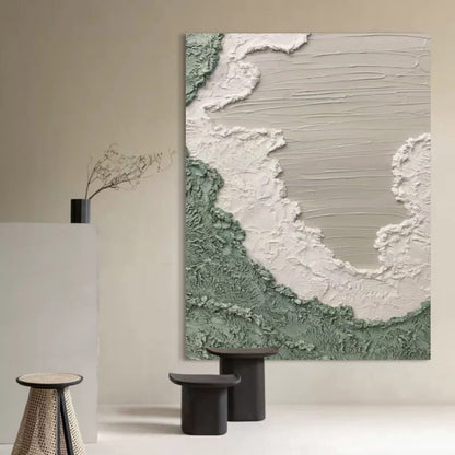 Serene Green and White Abstract Oil Painting for Modern Home Decor