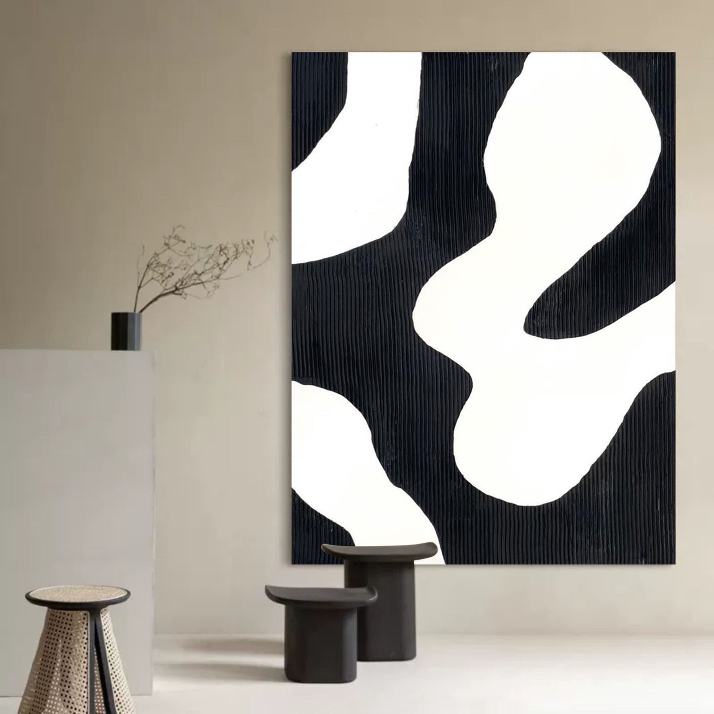 Abstract Black and White Oil Painting for Modern Minimalist Home Decor