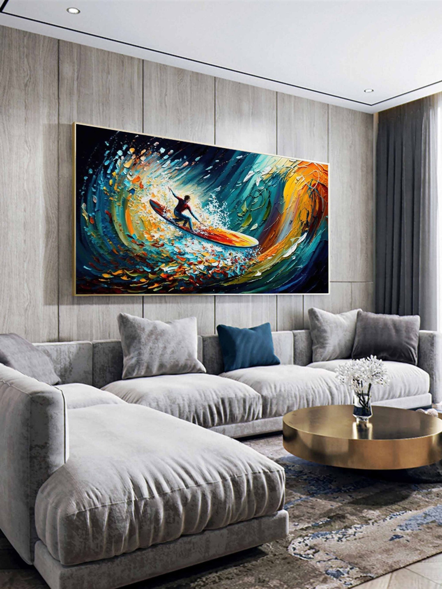 Dynamic Surfing Scene in Vibrant Ocean Colors - Cheerful Oil Painting