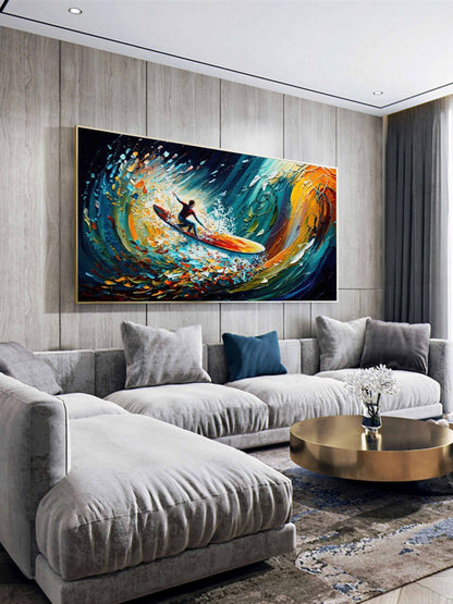 Dynamic Surfing Scene in Vibrant Ocean Colors - Cheerful Oil Painting