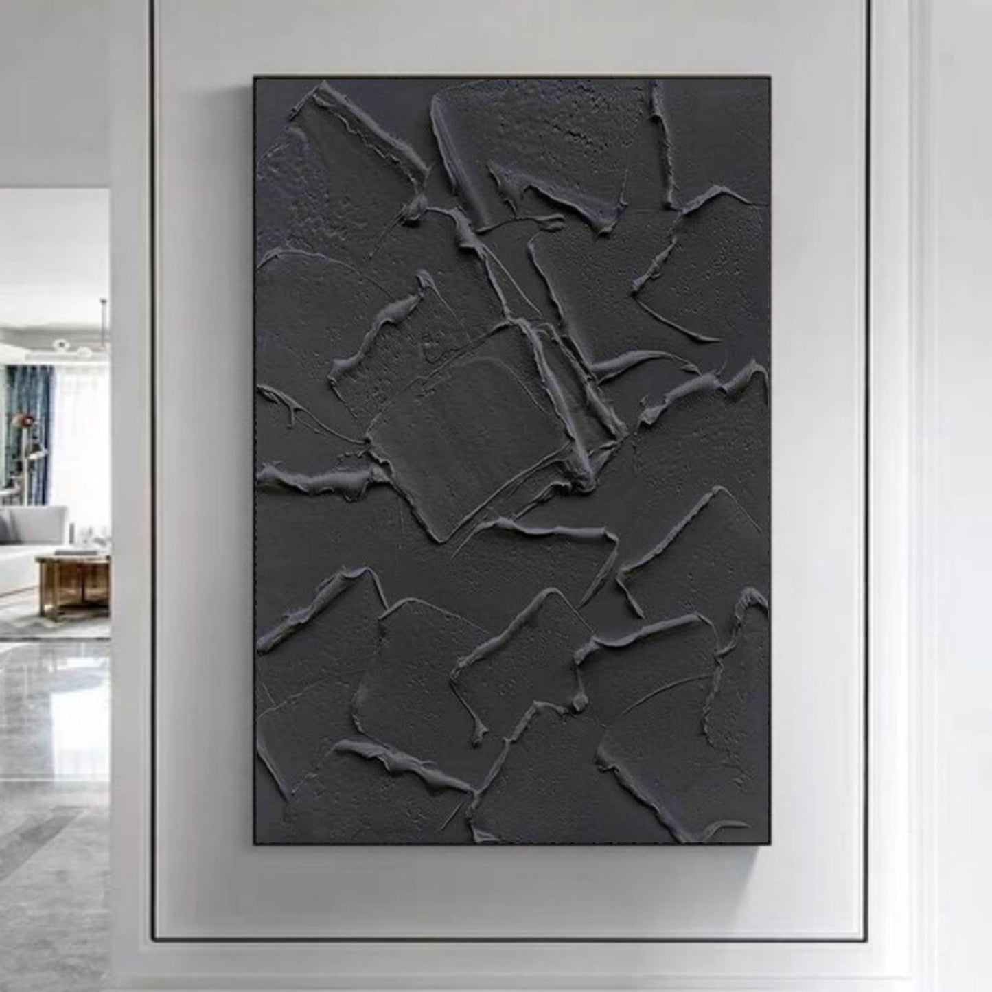 Textured Black Abstract Oil Painting for Modern Home Decor