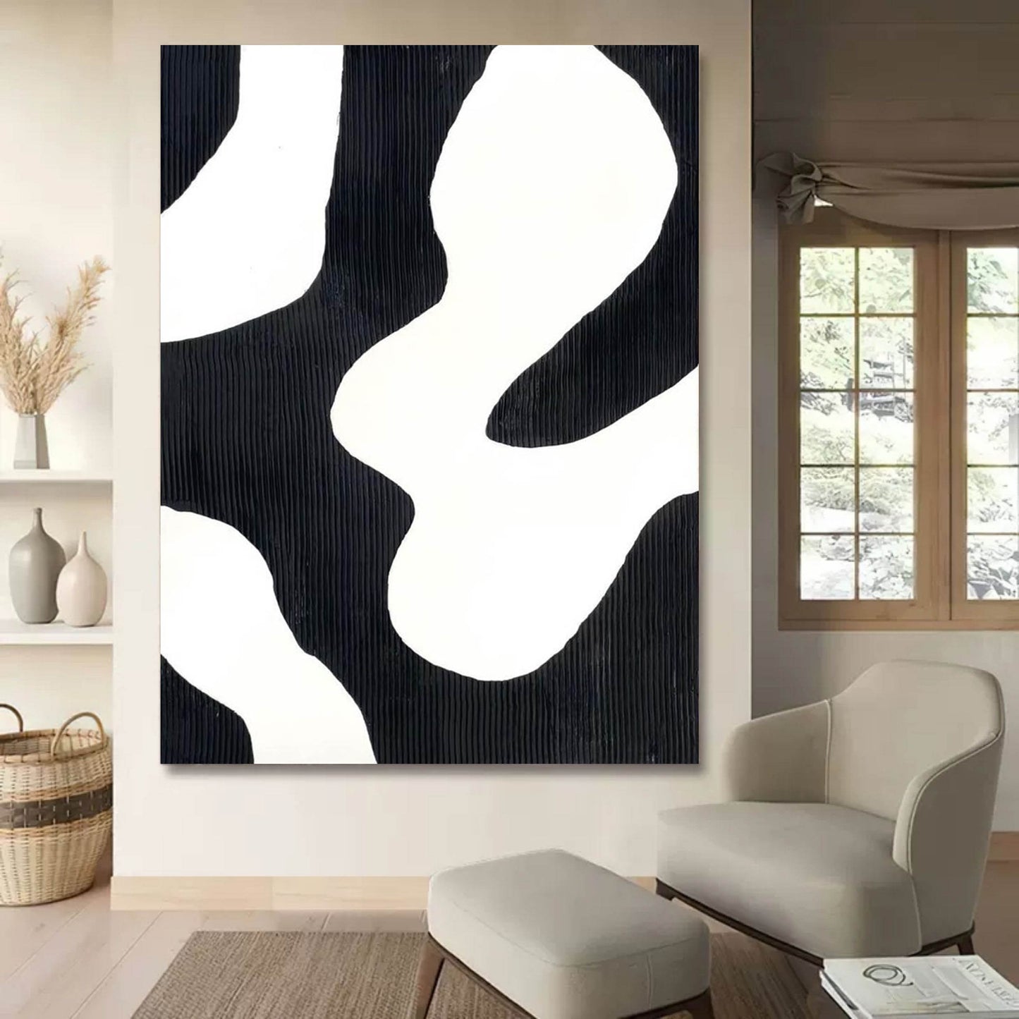 Abstract Black and White Oil Painting for Modern Minimalist Home Decor