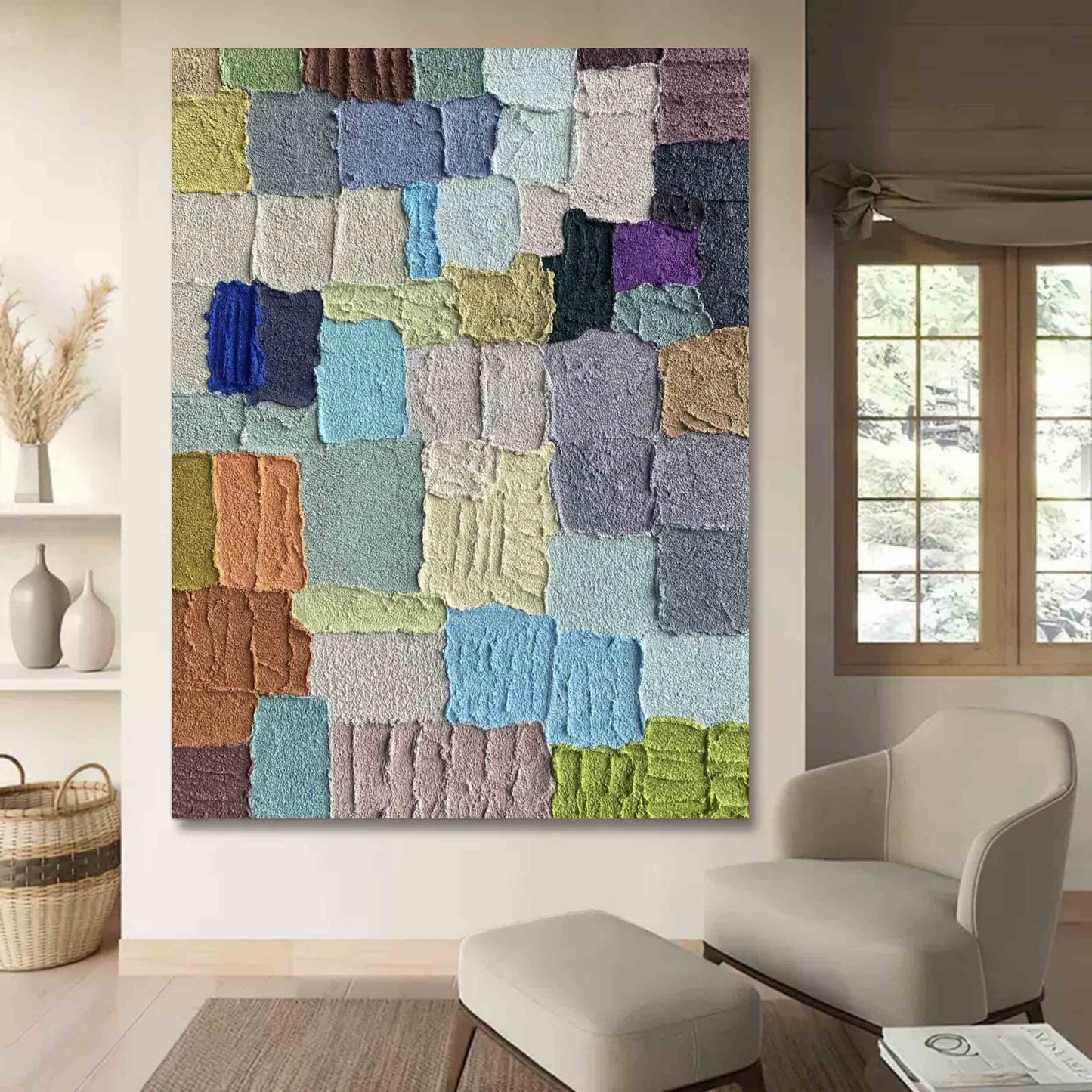 Vibrant Abstract Oil Painting with Textured Color Blocks for Modern Decor