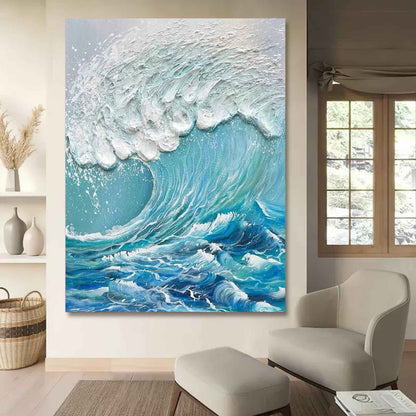 Dynamic Ocean Wave Oil Painting with Textured Plaster Finish