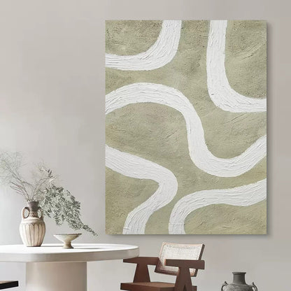 Modern Minimalist Line Art Painting with Abstract White Curves on Earthy Background