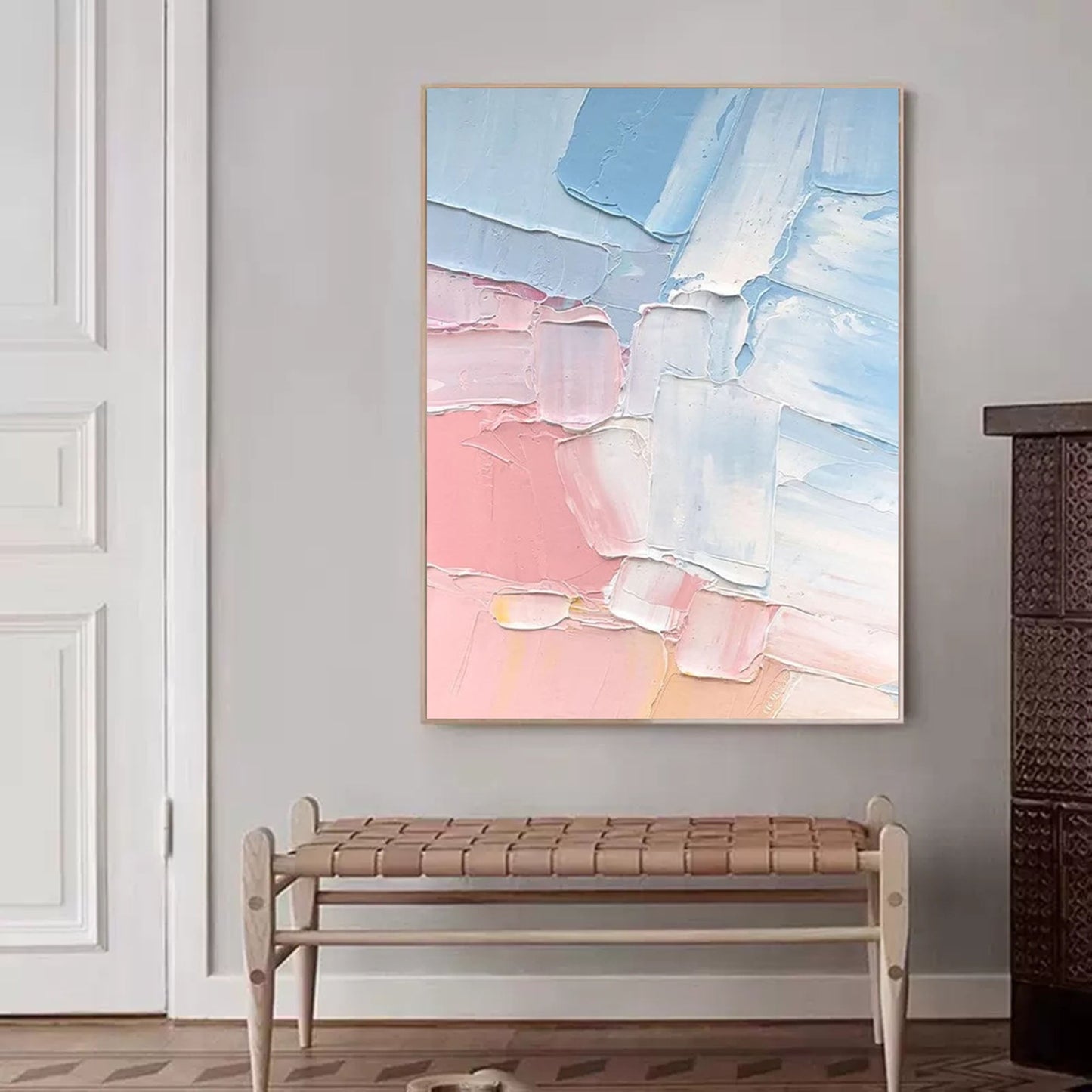 Serene Abstract Oil Painting in Soft Blue and Pink Hues for Modern Decor