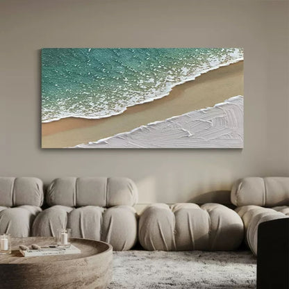 Serene Seaside Abstract Oil Painting with Textured Waves and Sandy Beach