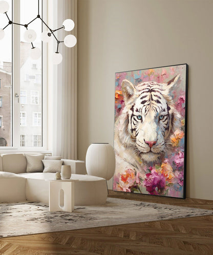 Majestic White Tiger Oil Painting Surrounded Vibrant Florals