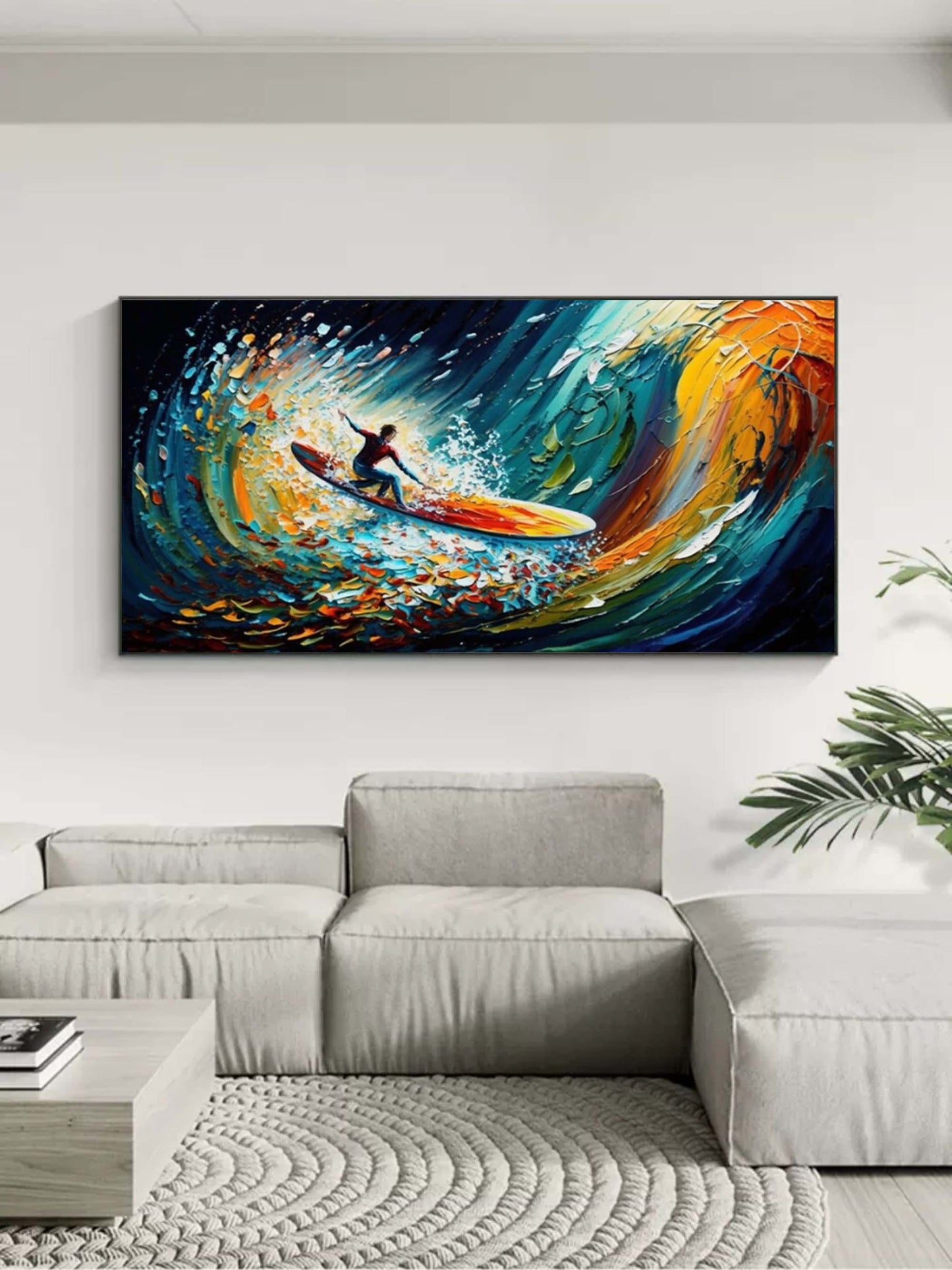 Dynamic Surfing Scene in Vibrant Ocean Colors - Cheerful Oil Painting