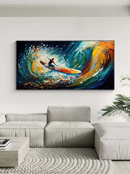 Dynamic Surfing Scene in Vibrant Ocean Colors - Cheerful Oil Painting