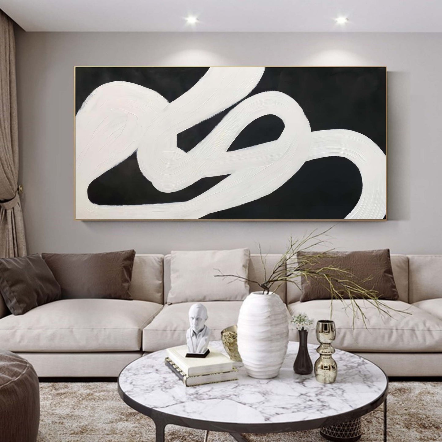 Abstract White and Black Oil Painting for Modern Home Decor