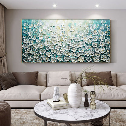 Elegant Floral Oil Painting with Textured Blossom Design on Blue Background