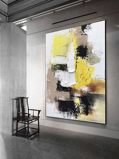 Vibrant Abstract Oil Painting with Yellow, Black and Earthy Tones for Modern Decor