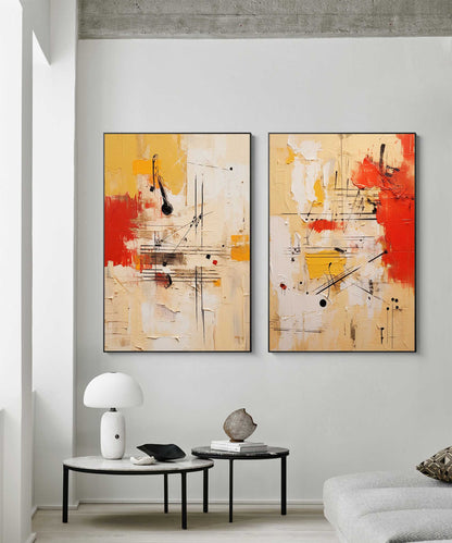 Vibrant Abstract Oil Painting Duo with Red and Yellow Accents for Modern Decor