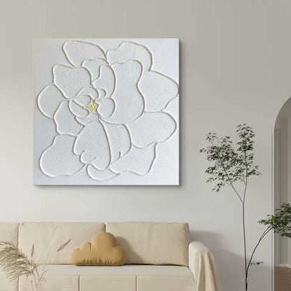 Elegant White Flower Oil Painting with Textured Plaster Finish for Home Decor