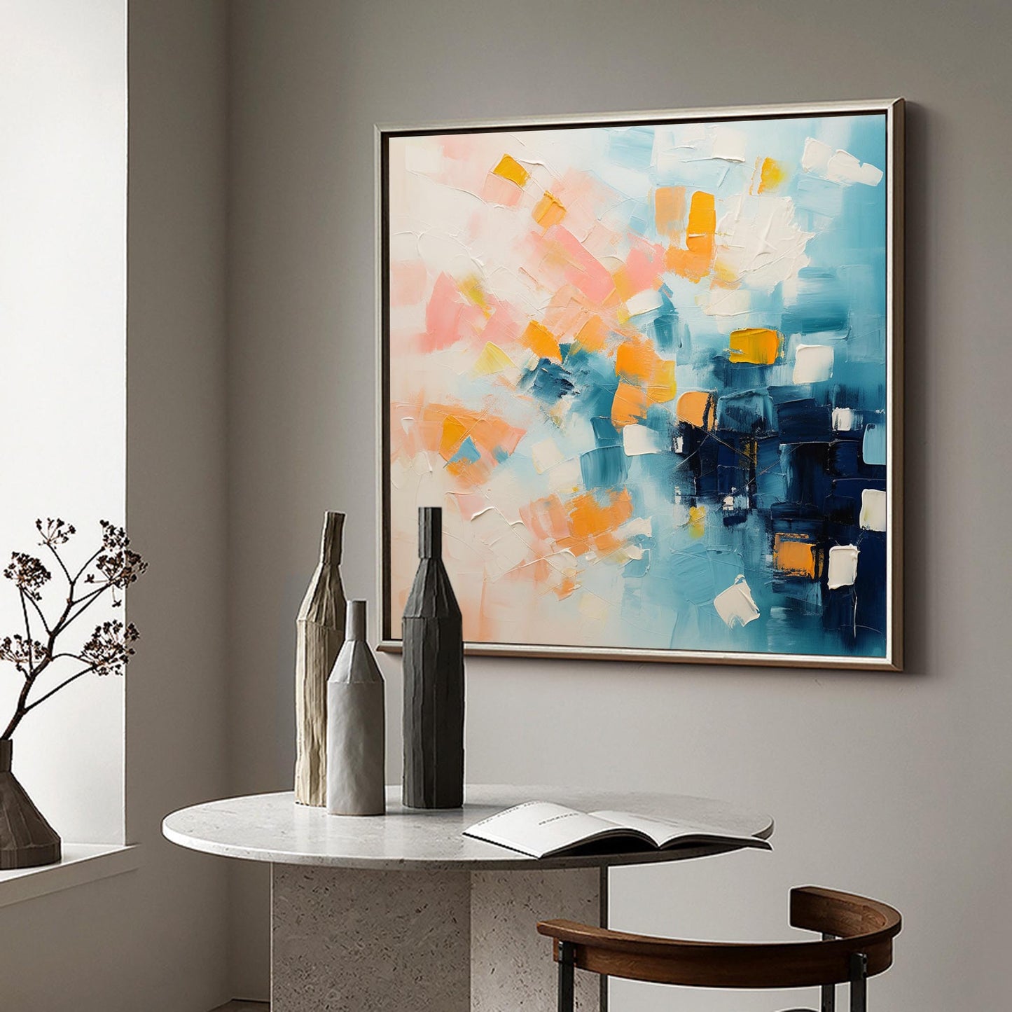 Vibrant Abstract Oil Painting with Blue, Pink, and Orange Hues for Contemporary Decor