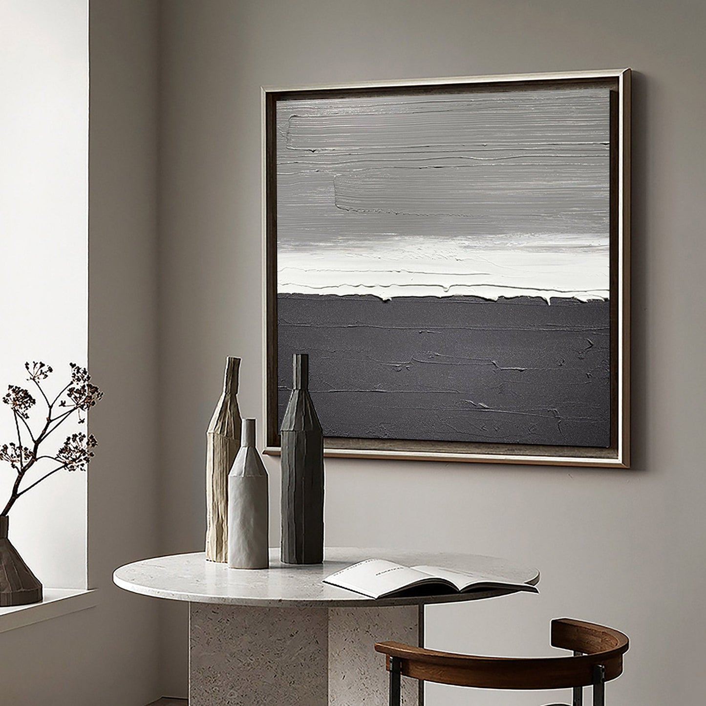 Elegant Black and White Minimalist Oil Painting for Modern Home Decor