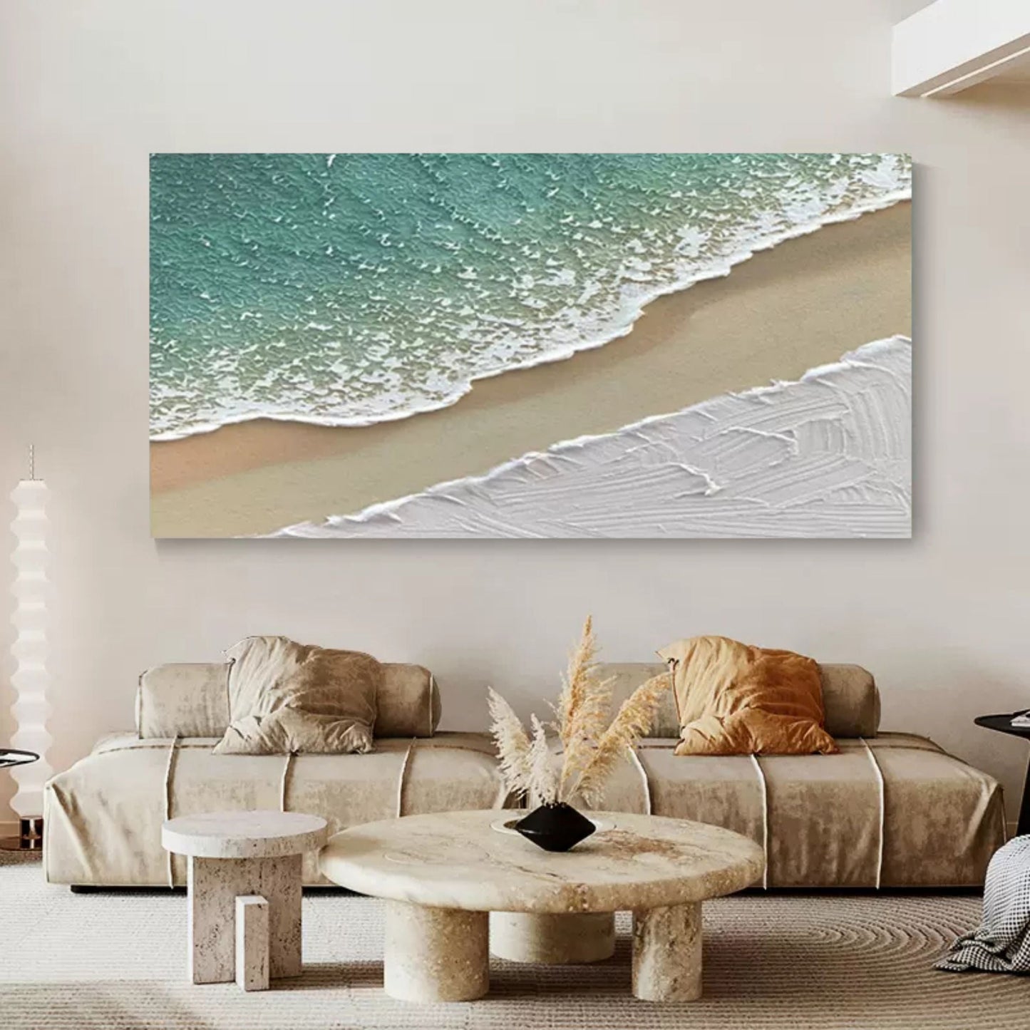 Serene Seaside Abstract Oil Painting with Textured Waves and Sandy Beach