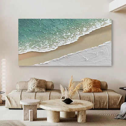 Serene Seaside Abstract Oil Painting with Textured Waves and Sandy Beach