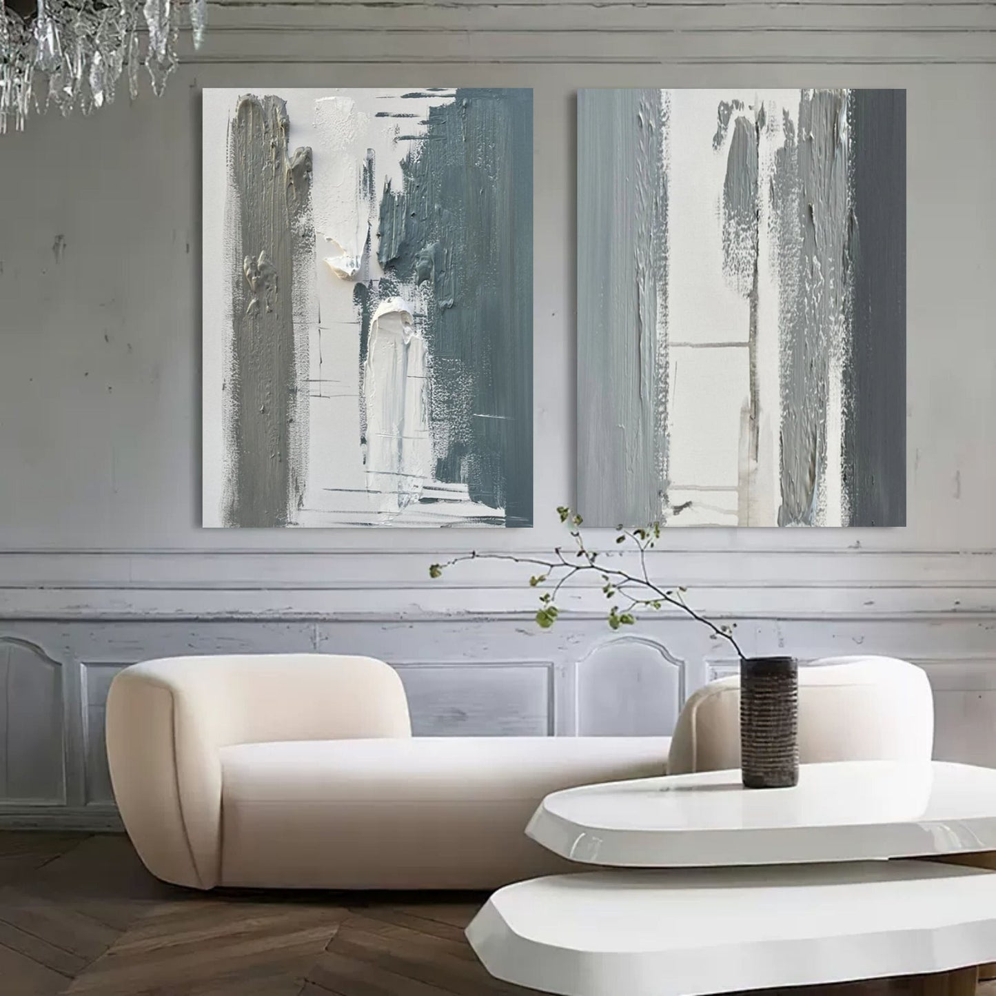 Contemporary Abstract Oil Paintings Pair for Modern Home Decor
