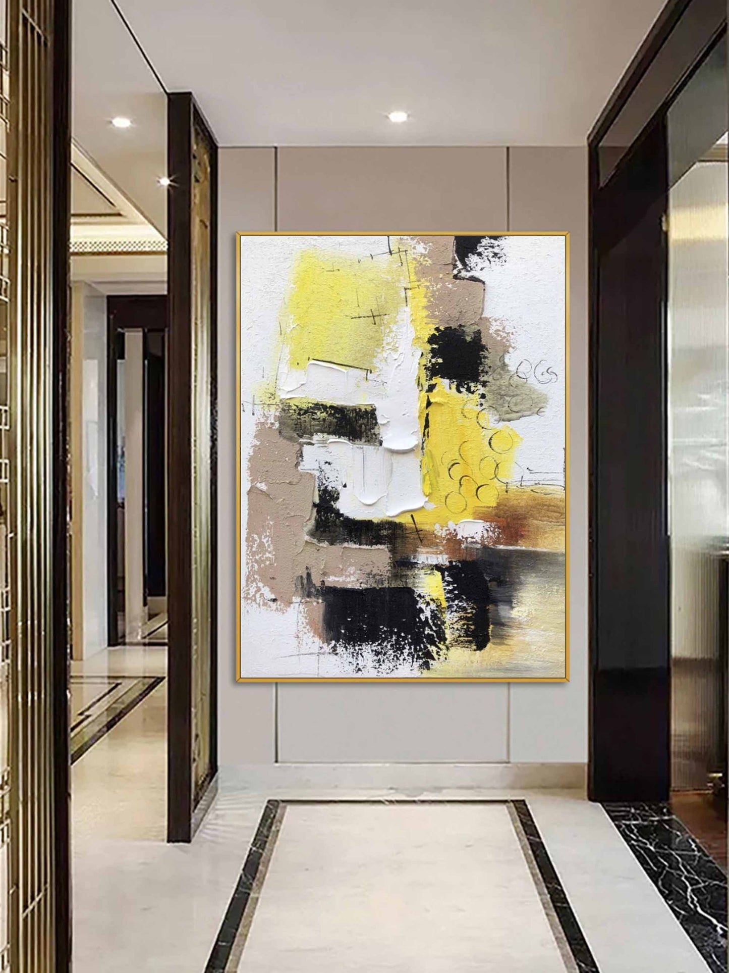 Vibrant Abstract Oil Painting with Yellow, Black and Earthy Tones for Modern Decor