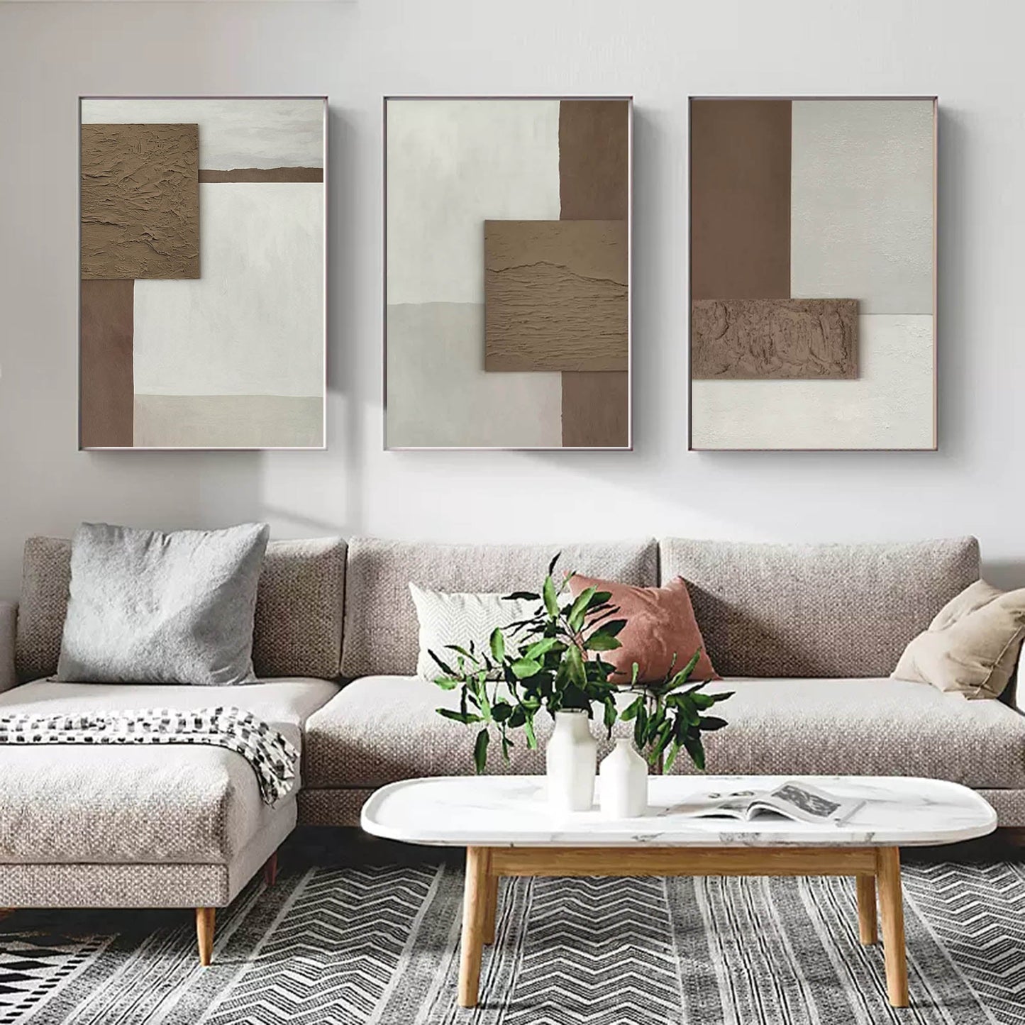 Neutral Abstract Oil Painting Triptych ‚Äì Modern Wall Art for Elegant Home Decor