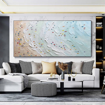 Coastal Waves Oil Painting with Textured Beach and Colorful Boats